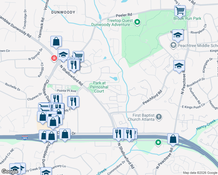 map of restaurants, bars, coffee shops, grocery stores, and more near 3501 Lake Ridge Lane in Dunwoody