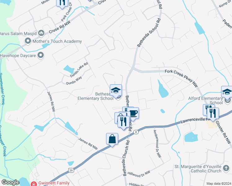 map of restaurants, bars, coffee shops, grocery stores, and more near 2780 School Side Way in Lawrenceville