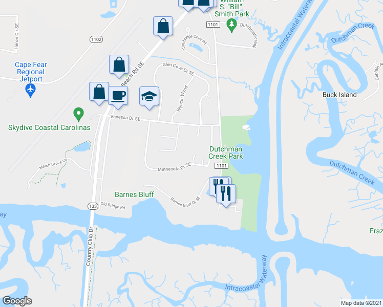map of restaurants, bars, coffee shops, grocery stores, and more near 5133 Melinda Court Southeast in Southport