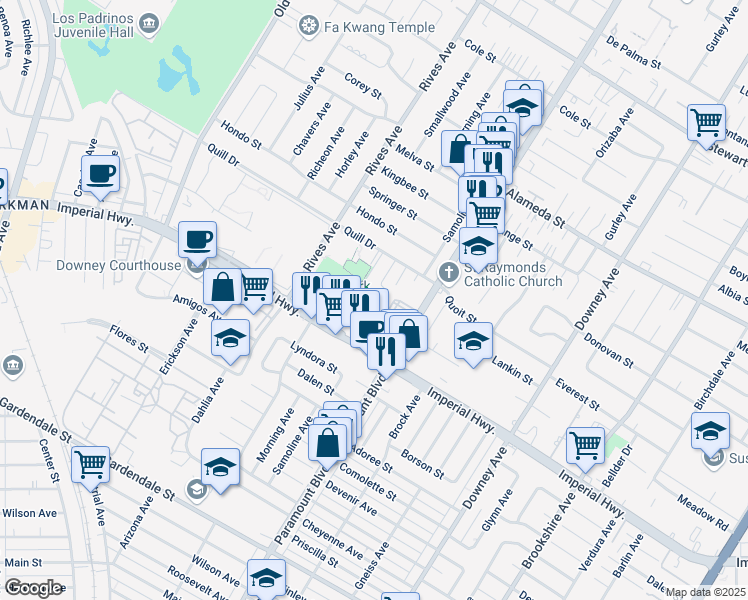 map of restaurants, bars, coffee shops, grocery stores, and more near 7919 Leeds Street in Downey