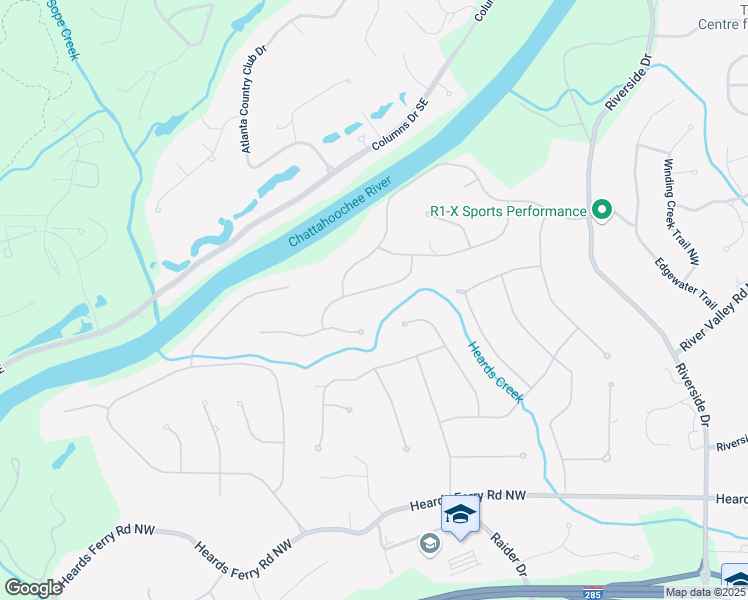 map of restaurants, bars, coffee shops, grocery stores, and more near 1050 Mountain Creek Trail Northwest in Atlanta