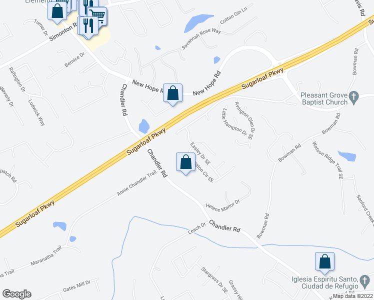 map of restaurants, bars, coffee shops, grocery stores, and more near 1066 Donington Circle Southeast in Lawrenceville