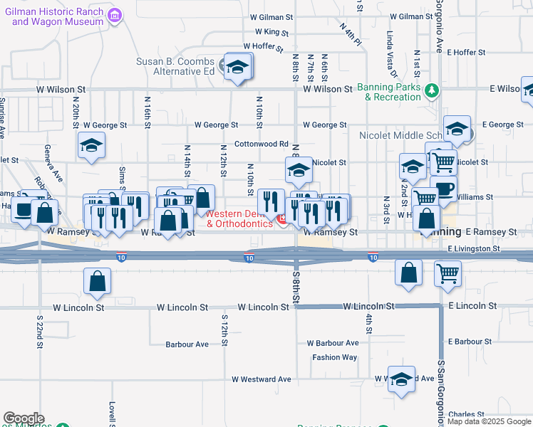 map of restaurants, bars, coffee shops, grocery stores, and more near 955 West Hays Street in Banning