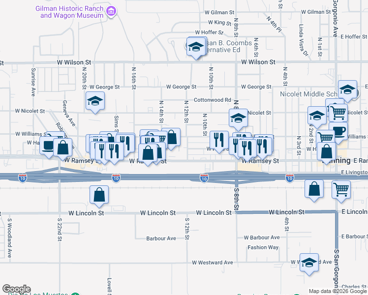 map of restaurants, bars, coffee shops, grocery stores, and more near 117 North 12th Street in Banning
