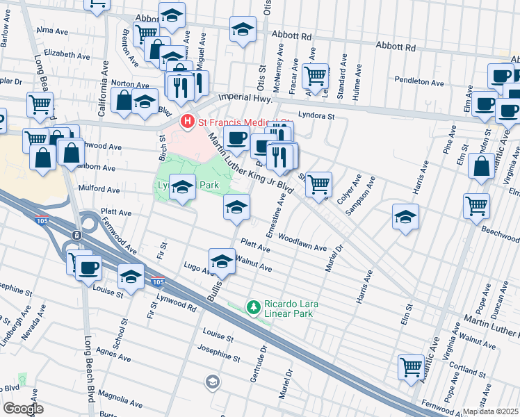map of restaurants, bars, coffee shops, grocery stores, and more near 11330 Bullis Road in Lynwood