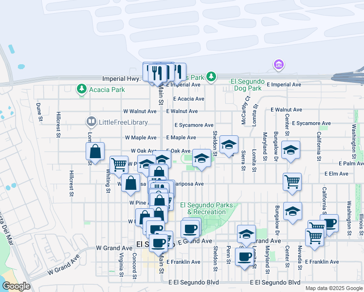 map of restaurants, bars, coffee shops, grocery stores, and more near 217 East Oak Avenue in El Segundo