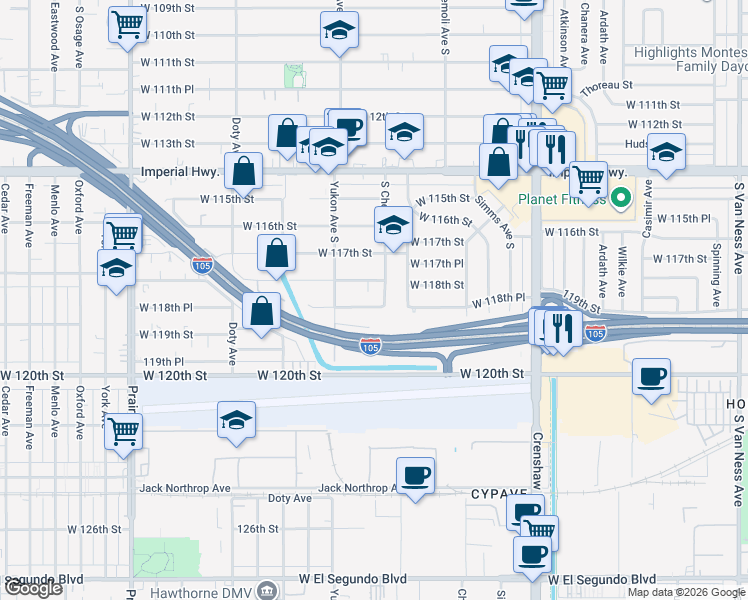 map of restaurants, bars, coffee shops, grocery stores, and more near 3511 West 118th Place in Inglewood