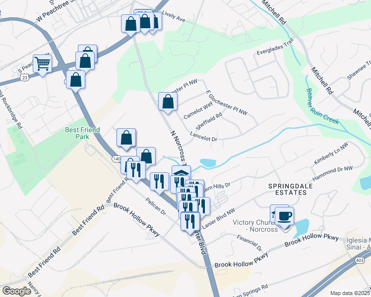 map of restaurants, bars, coffee shops, grocery stores, and more near 60 Sheffield Road in Norcross