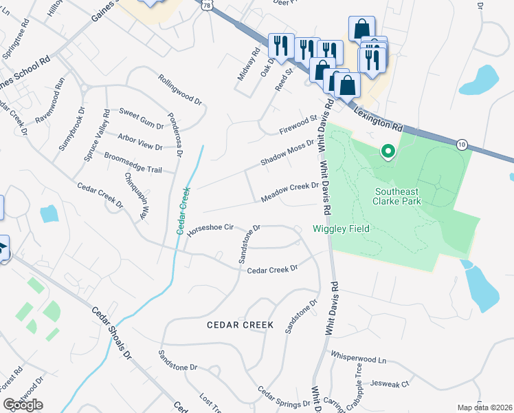 map of restaurants, bars, coffee shops, grocery stores, and more near 127 Meadow Creek Drive in Athens