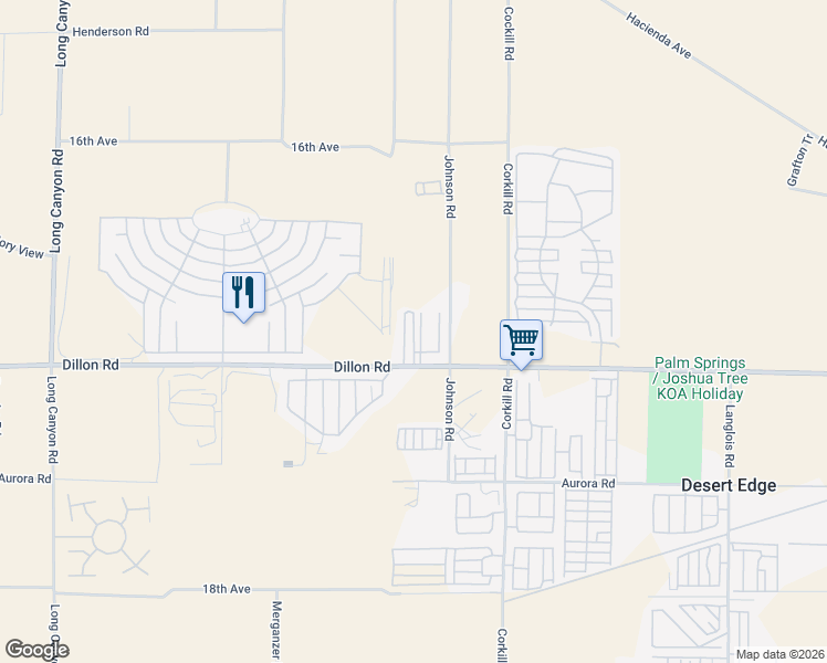 map of restaurants, bars, coffee shops, grocery stores, and more near 69530 Dillon Road in Desert Hot Springs