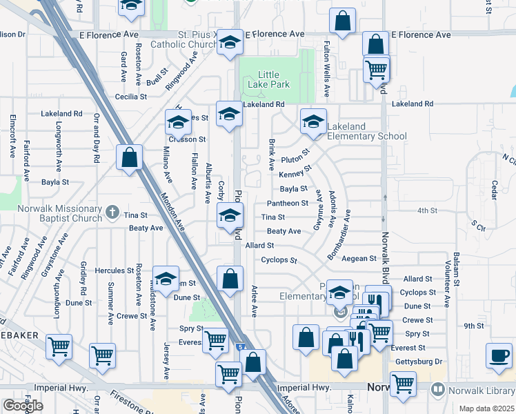 map of restaurants, bars, coffee shops, grocery stores, and more near 11502 Arlee Avenue in Norwalk