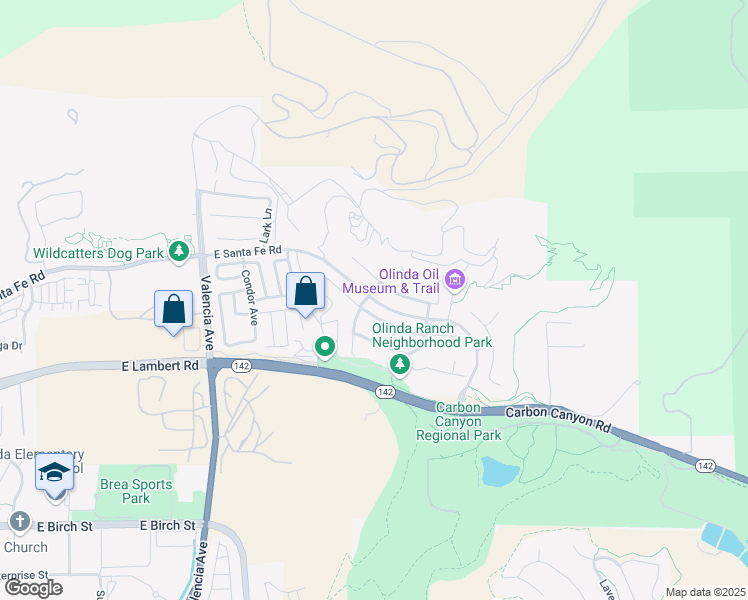 map of restaurants, bars, coffee shops, grocery stores, and more near Santa Fe Road in Brea