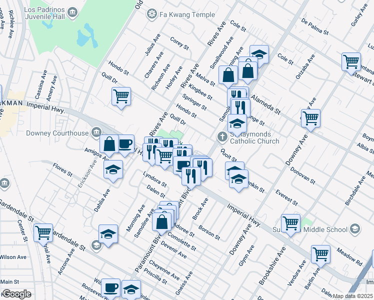 map of restaurants, bars, coffee shops, grocery stores, and more near 7923 Leeds Street in Downey