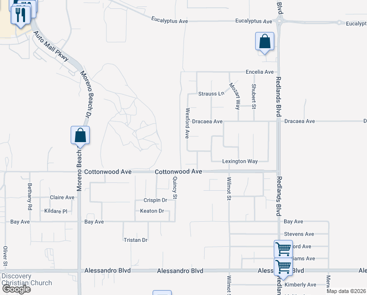 map of restaurants, bars, coffee shops, grocery stores, and more near 13351 Wexford Avenue in Moreno Valley
