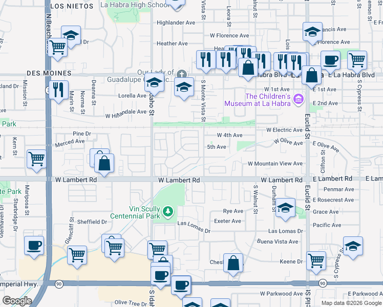 map of restaurants, bars, coffee shops, grocery stores, and more near 743 5th Avenue in La Habra
