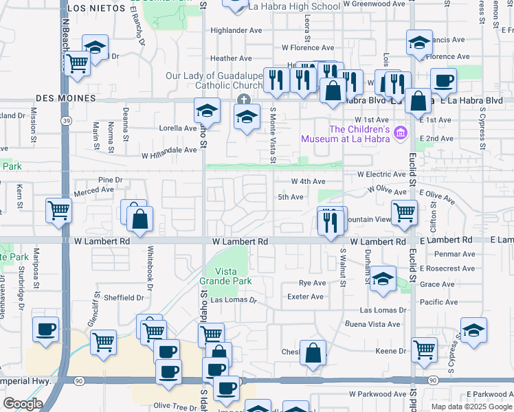 map of restaurants, bars, coffee shops, grocery stores, and more near 1001 West Lambert Road in La Habra