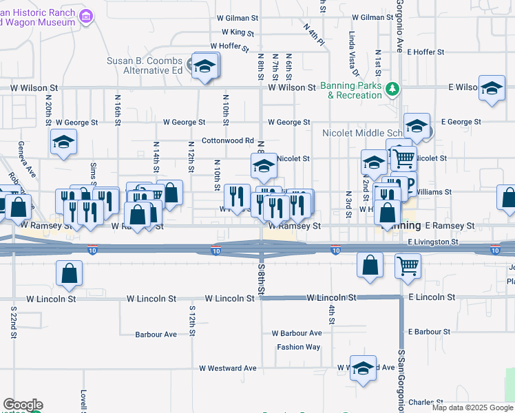 map of restaurants, bars, coffee shops, grocery stores, and more near 850 West Williams Street in Banning