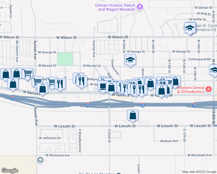 map of restaurants, bars, coffee shops, grocery stores, and more near 2160 West Williams Street in Banning