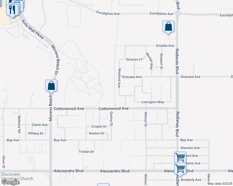 map of restaurants, bars, coffee shops, grocery stores, and more near 13351 Wexford Avenue in Moreno Valley