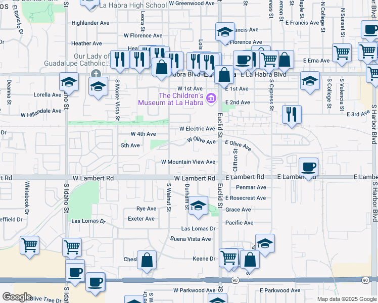 map of restaurants, bars, coffee shops, grocery stores, and more near 405 West Olive Avenue in La Habra
