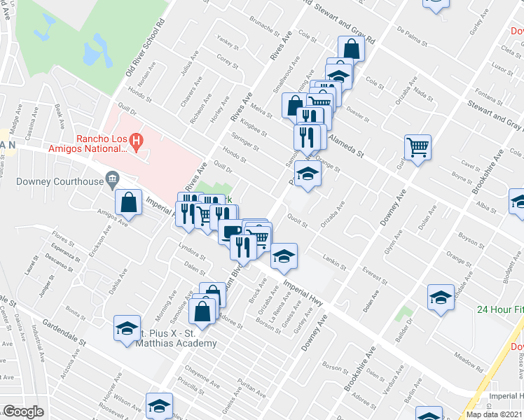 map of restaurants, bars, coffee shops, grocery stores, and more near 7968 Quill Drive in Downey