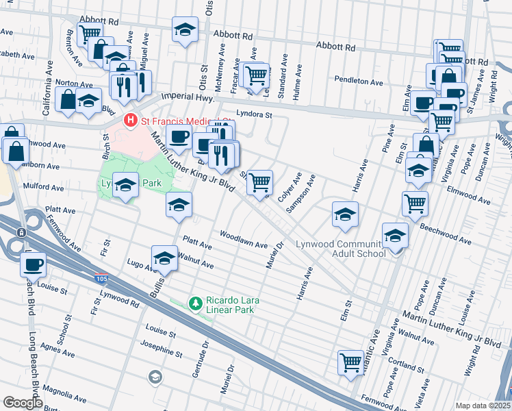 map of restaurants, bars, coffee shops, grocery stores, and more near 3908 Shirley Avenue in Lynwood