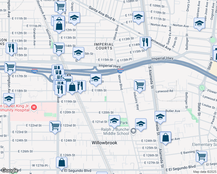 map of restaurants, bars, coffee shops, grocery stores, and more near 2304 East 117th Street in Los Angeles