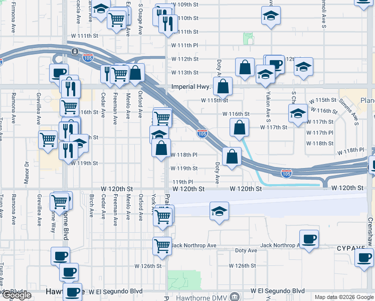 map of restaurants, bars, coffee shops, grocery stores, and more near 3922 West 118th Street in Hawthorne