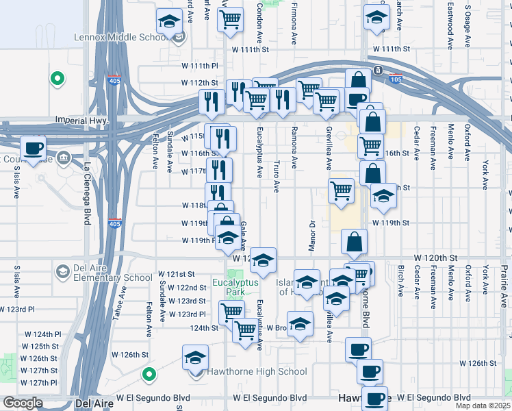 map of restaurants, bars, coffee shops, grocery stores, and more near 4690 West 118th Street in Hawthorne