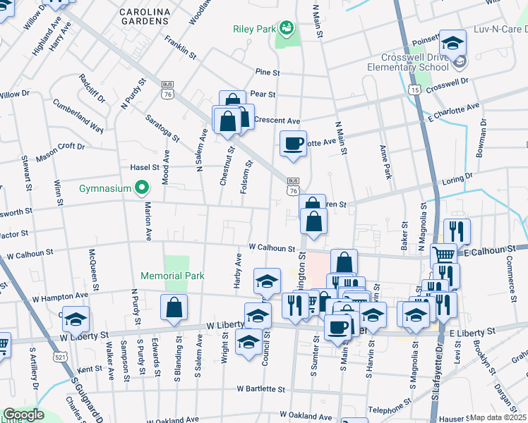 map of restaurants, bars, coffee shops, grocery stores, and more near 80 Church Court in Sumter