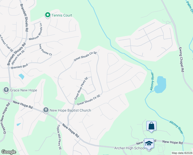 map of restaurants, bars, coffee shops, grocery stores, and more near 1488 Great Shoals Circle Southeast in Lawrenceville