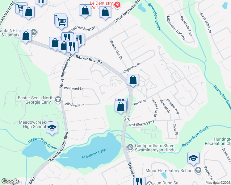 map of restaurants, bars, coffee shops, grocery stores, and more near 4170 Magnolia Glen Walk in Norcross