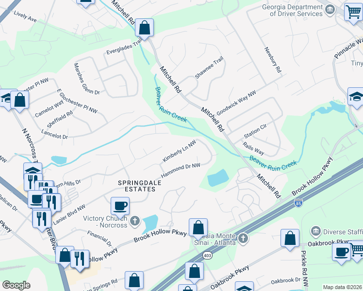 map of restaurants, bars, coffee shops, grocery stores, and more near 5693 Kimberly Lane Northwest in Norcross