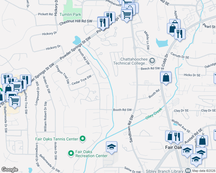 map of restaurants, bars, coffee shops, grocery stores, and more near 296 Burns Court Southwest in Marietta