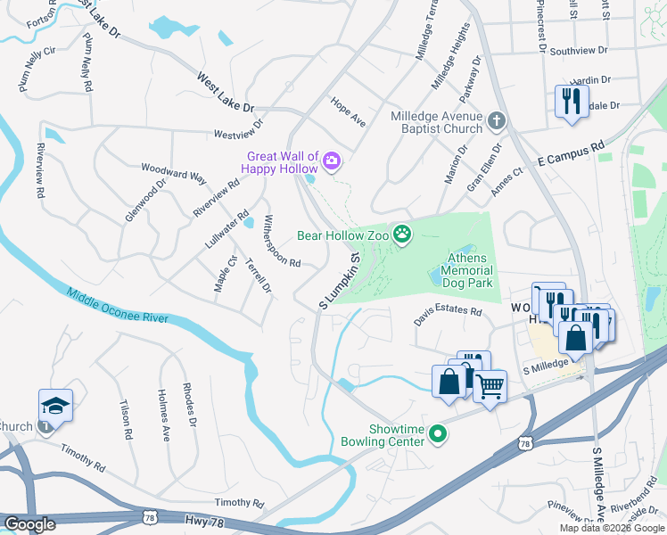 map of restaurants, bars, coffee shops, grocery stores, and more near 380 Old Princeton Road in Athens