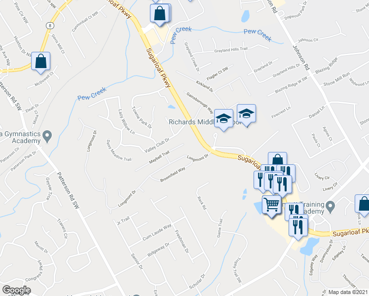 map of restaurants, bars, coffee shops, grocery stores, and more near 1590 Maybell Trail in Lawrenceville