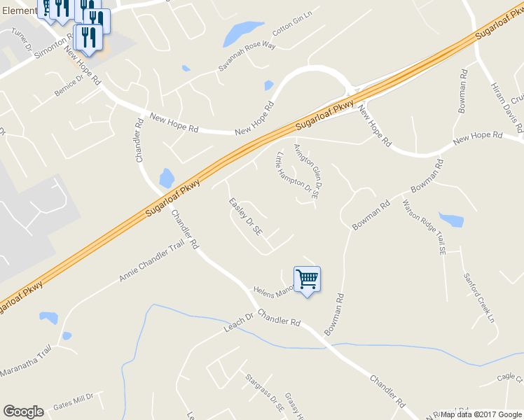 map of restaurants, bars, coffee shops, grocery stores, and more near 1186 Donington Circle Southeast in Lawrenceville