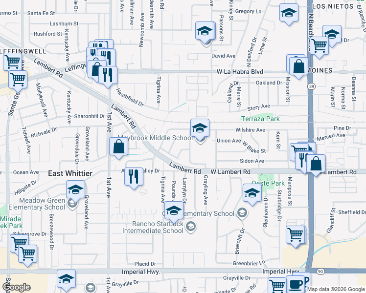 map of restaurants, bars, coffee shops, grocery stores, and more near 16407 Andiron Drive in Whittier