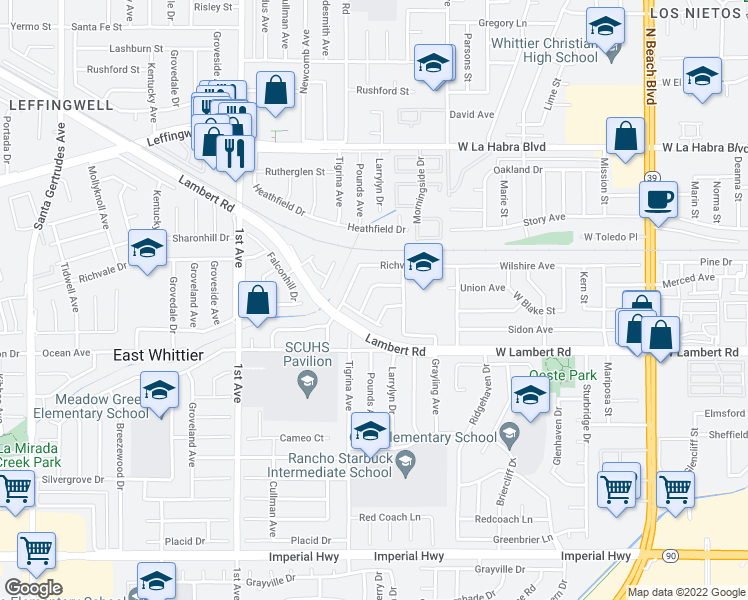 map of restaurants, bars, coffee shops, grocery stores, and more near 11618 Tigrina Avenue in Whittier