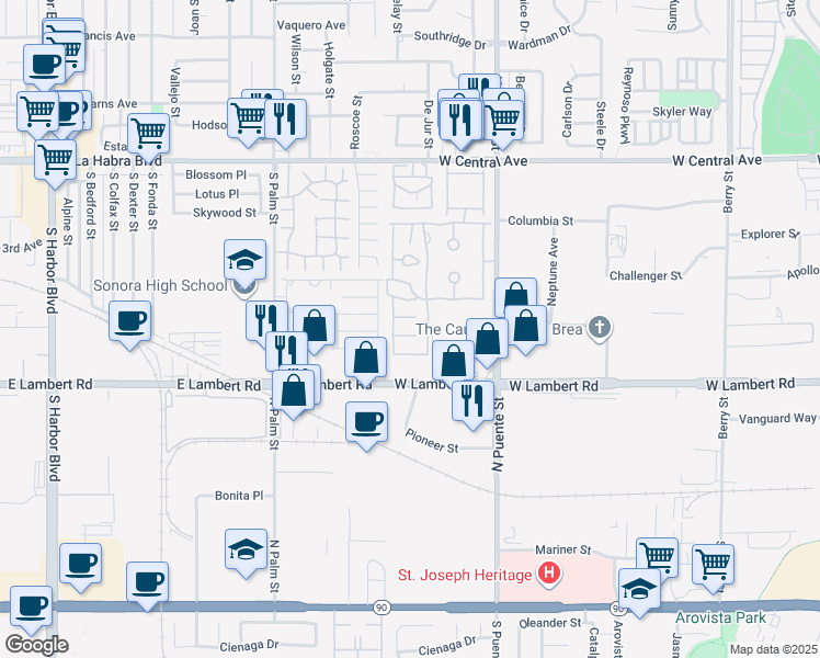 map of restaurants, bars, coffee shops, grocery stores, and more near 521 Forest Lake Drive in Brea