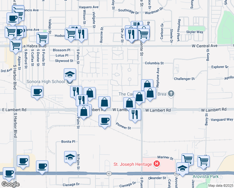 map of restaurants, bars, coffee shops, grocery stores, and more near 1342 Silver Lake Place in Brea