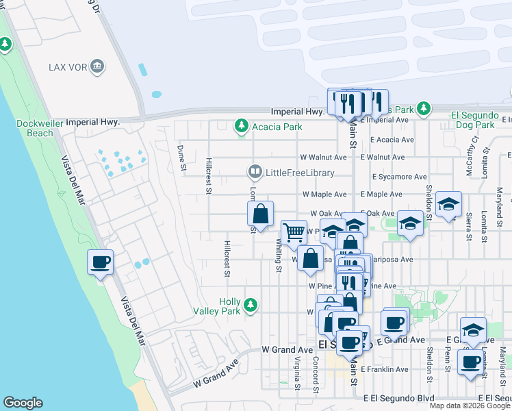 map of restaurants, bars, coffee shops, grocery stores, and more near 746 Loma Vista Street in El Segundo