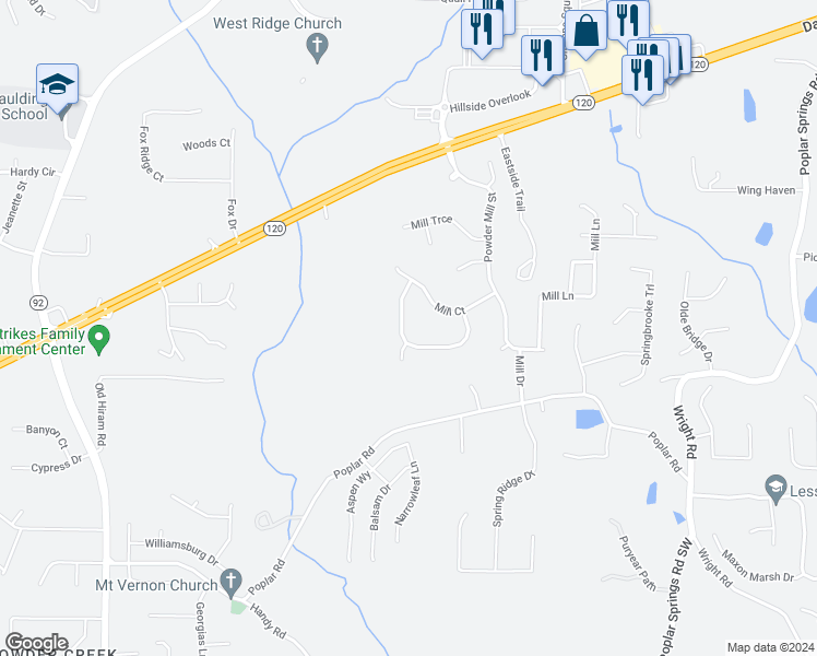 map of restaurants, bars, coffee shops, grocery stores, and more near 125 Powder Mill Drive in Dallas