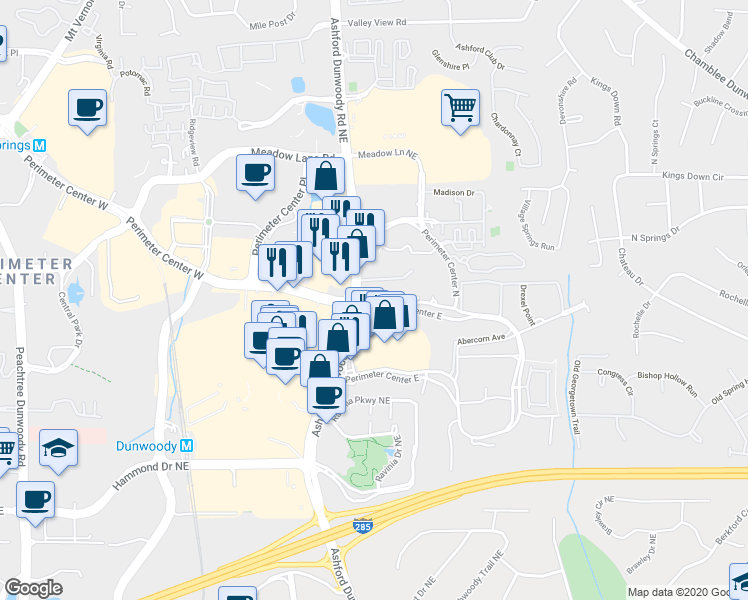 map of restaurants, bars, coffee shops, grocery stores, and more near 4 Perimeter Center E in Atlanta