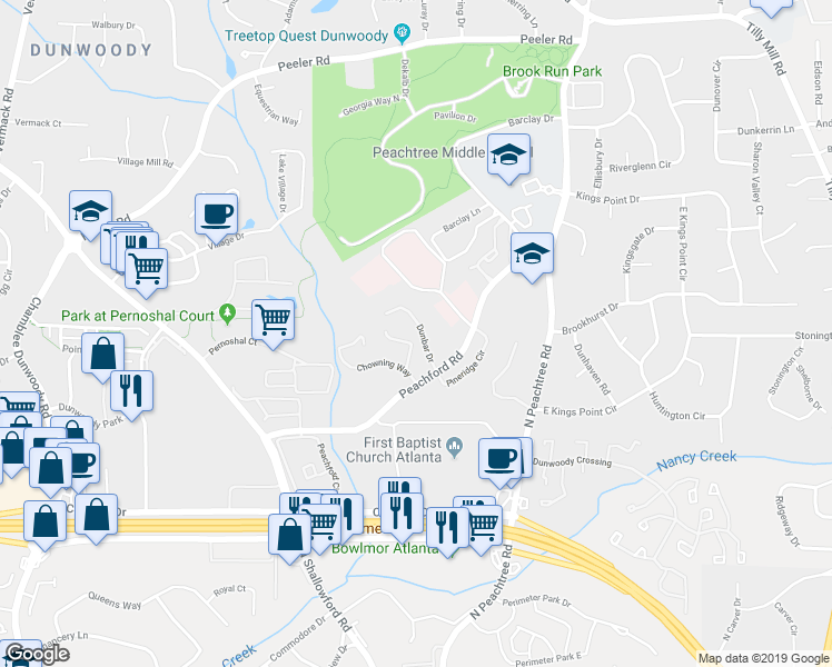 map of restaurants, bars, coffee shops, grocery stores, and more near 602 Dunbar Drive in Dunwoody