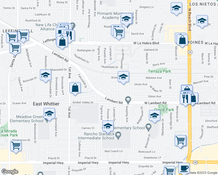 map of restaurants, bars, coffee shops, grocery stores, and more near 11618 Tigrina Avenue in Whittier