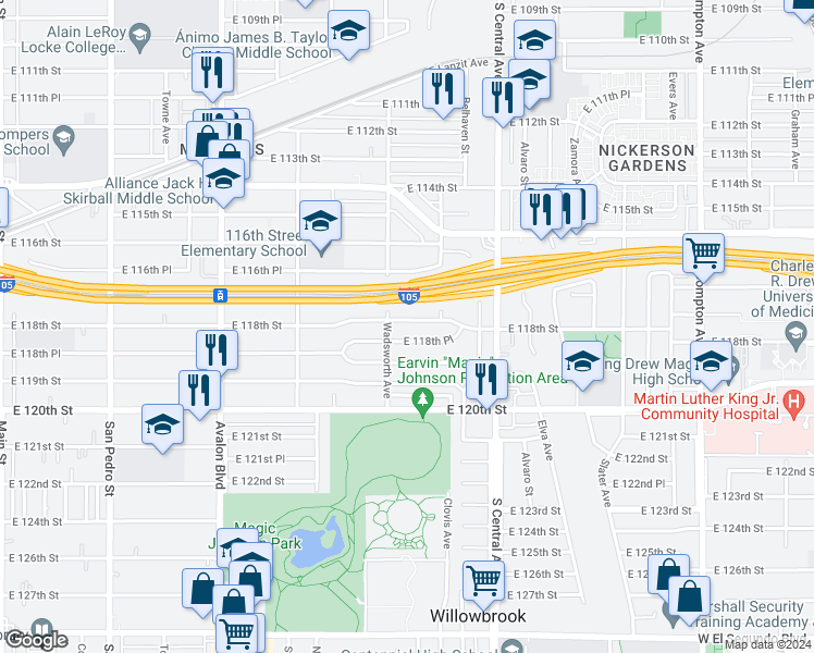 map of restaurants, bars, coffee shops, grocery stores, and more near 918 East 118th Street in Los Angeles