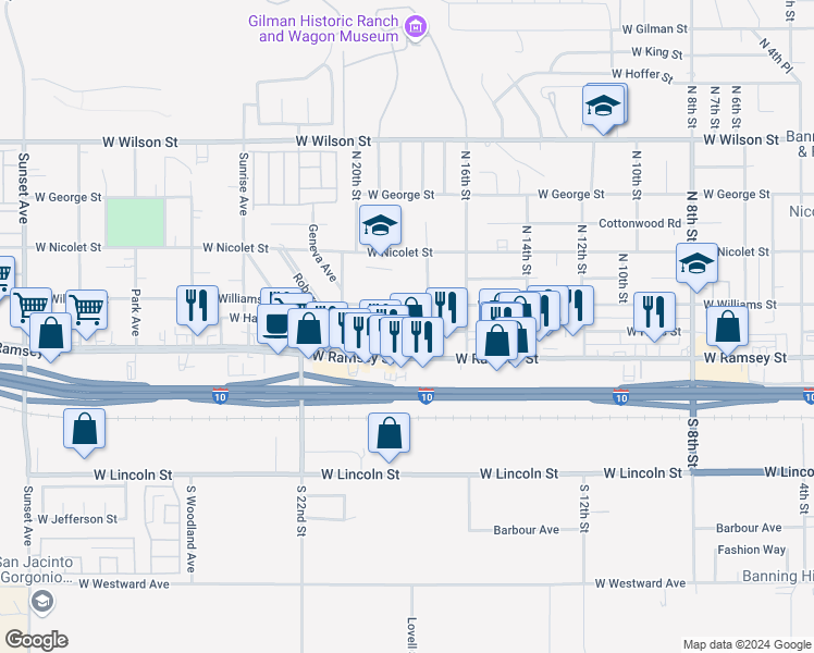 map of restaurants, bars, coffee shops, grocery stores, and more near 1837 West Hays Street in Banning