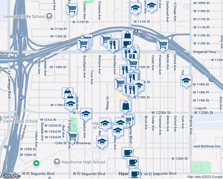 map of restaurants, bars, coffee shops, grocery stores, and more near 11845 Grevillea Avenue in Hawthorne