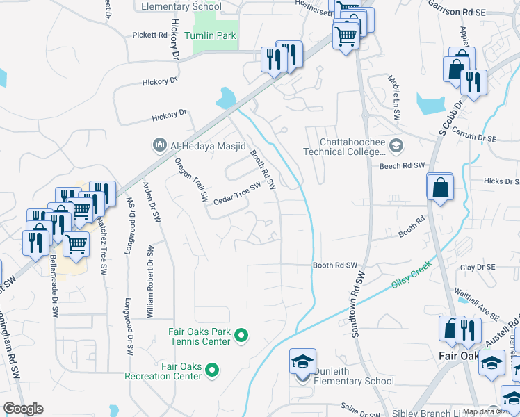 map of restaurants, bars, coffee shops, grocery stores, and more near 503 Burns Court Southwest in Marietta